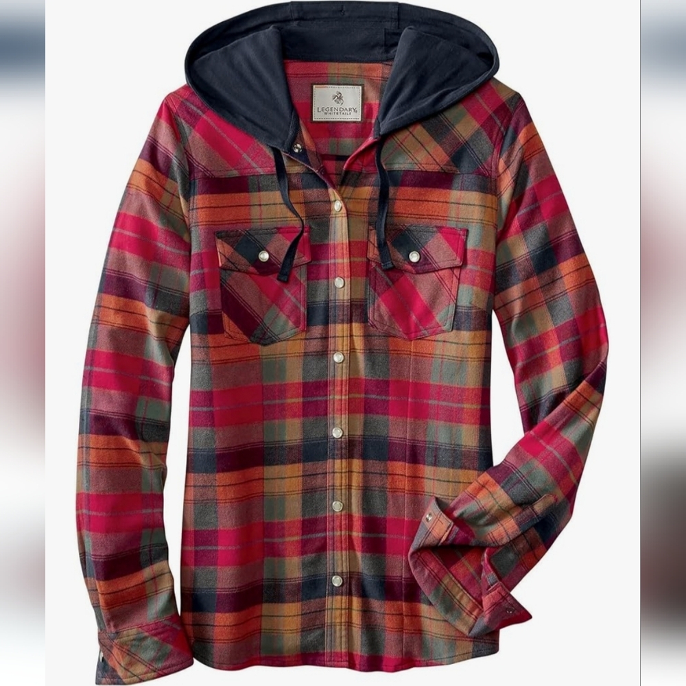 Legendary Whitetails Women’s Flannel Shirt Hooded In Falling Leaves Plaid Size L